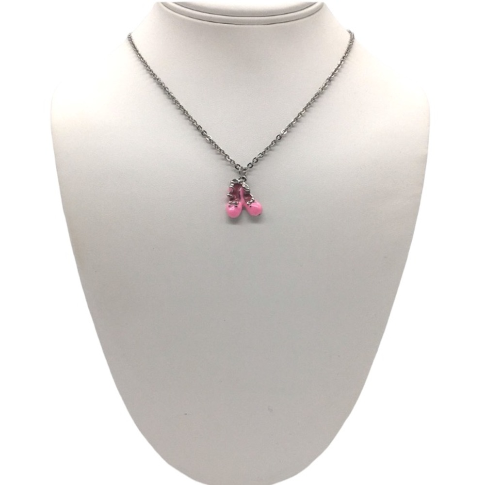 Silver toned necklace chain with pink enamel pair of shoes pendant charm